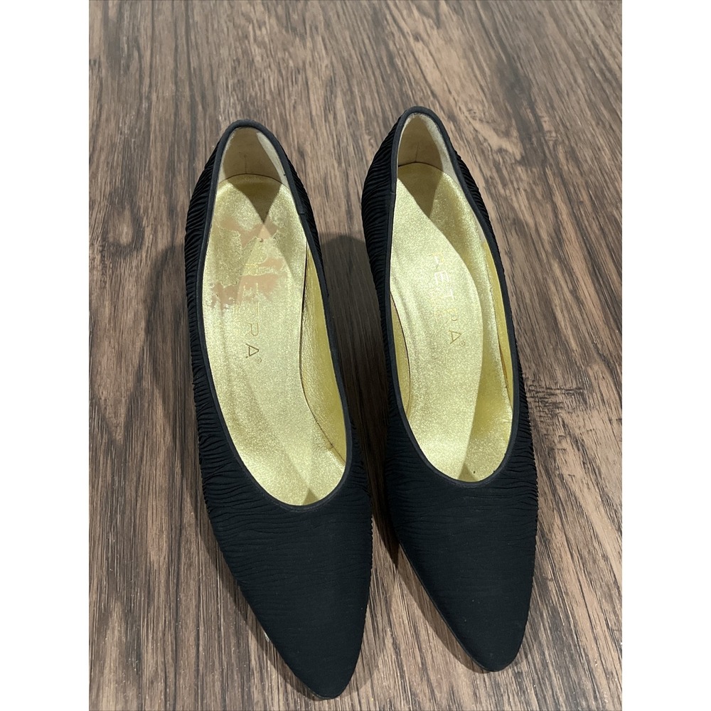 PETRA FIRENZE Vero Cuoio Made In Italy Black Satin, Leather Pumps Heel, 7.5